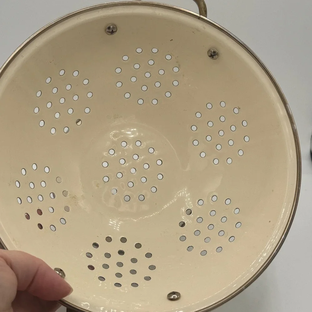 Vintage Enamel Floral Colander Cream Pedestal Strainer Brass Handles Floral Bowl